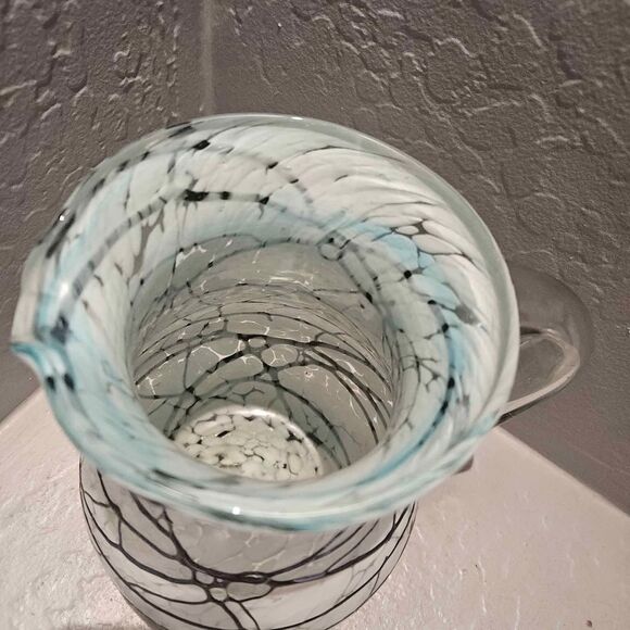 Black and White Art Glass Pitcher White with drizzle 9" - Picture 3 of 8